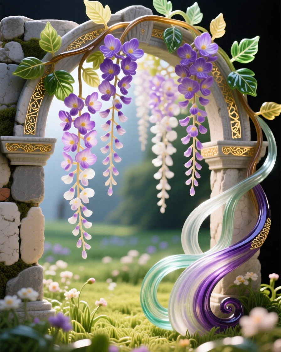 A field of blooming wisteria cascading over an ancient stone archway, romantic and lush.
