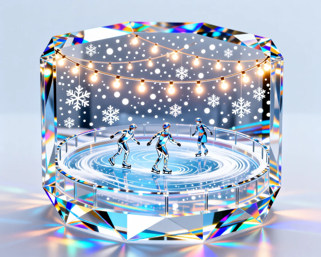 A winter ice skating rink glowing with string lights under falling snow.