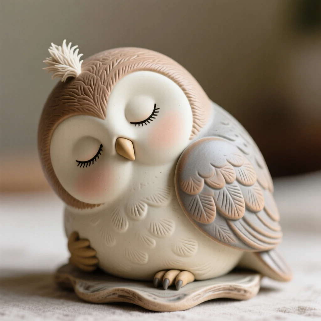 A round-cheeked baby owl blinking sleepily curled up in a picture of sleepy contentment, with a small, endearing tuft of fluff, conveying gentle warmth perfect for any family space.