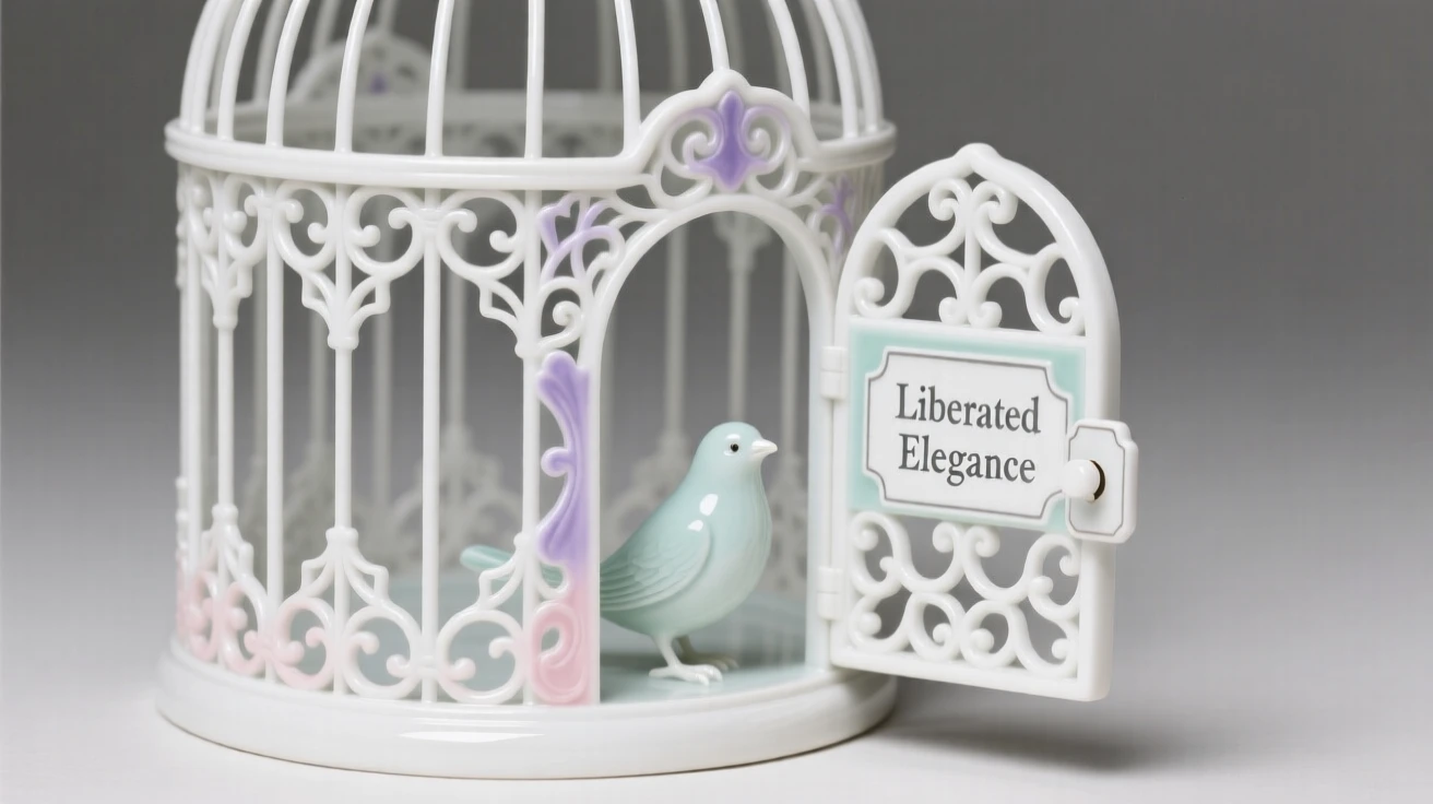 An elegant filigree birdcage with its door open, radiating quiet old-world elegance.