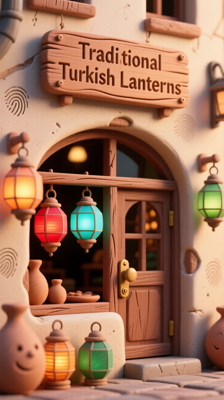 A traditional Turkish lantern shop glowing with colorful glass