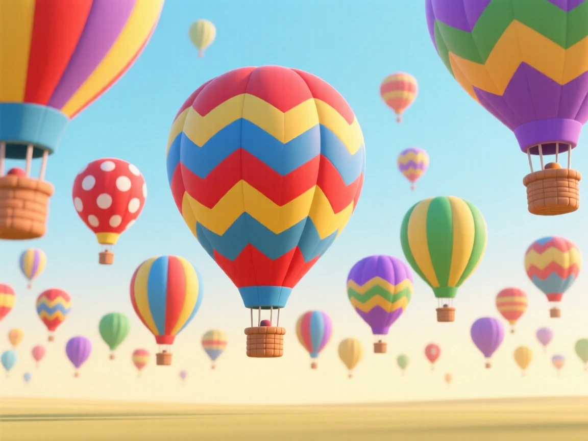 A colorful hot air balloon festival fills the morning sky with dozens of striped and patterned balloons.