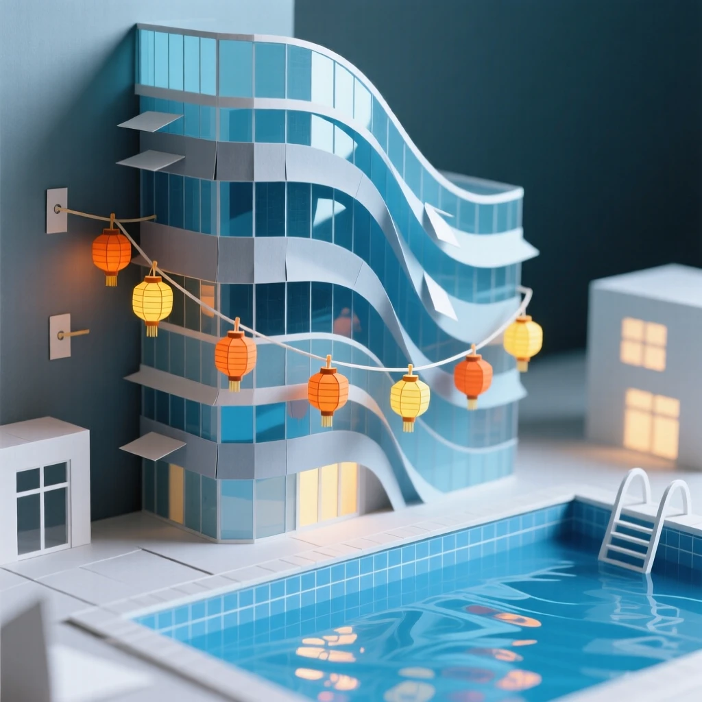 A futuristic curved glass skyscraper illuminated by strings of warm lights, with reflections shimmering on a nearby pool, conveying architectural ambition and scale.