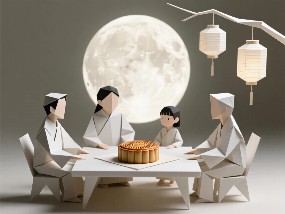 A Chinese Mid-Autumn Festival scene with families sharing mooncakes beneath a full moon.