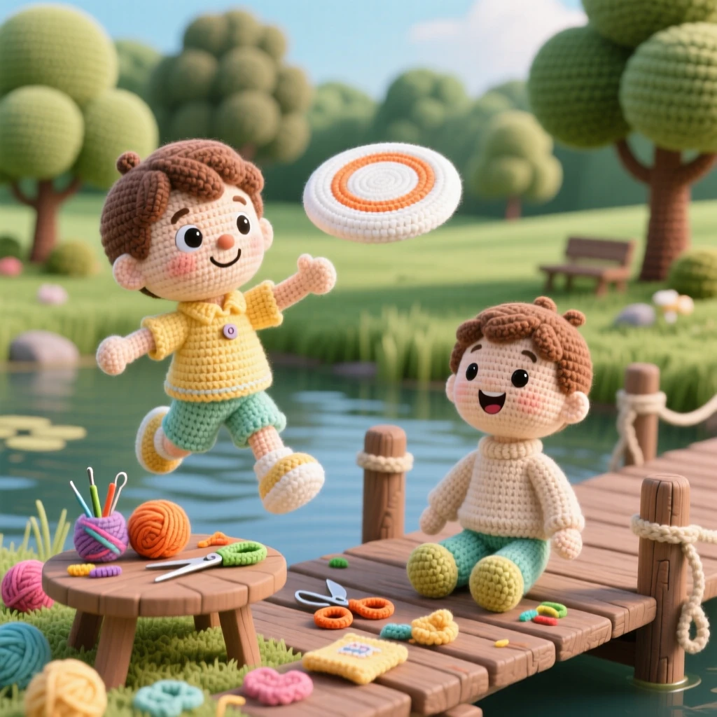 A cheerful scene of a small boy practicing frisbee throws in an open park, watching the disc glide toward a friend within a peaceful lakeside dock; a scattering of craft supplies on the table nearby, full of cheerful curiosity and hands-on delight.