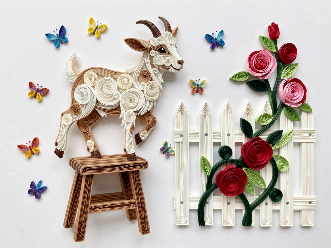a baby goat balancing on a small wooden stool, beside a picket fence covered in climbing roses, captured mid-motion with a joyful, candid feel, with a scattering of tiny butterflies nearby.