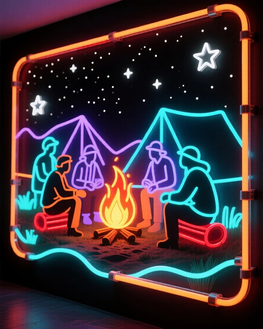 A group of campers gathered around a fire beneath a starry sky.