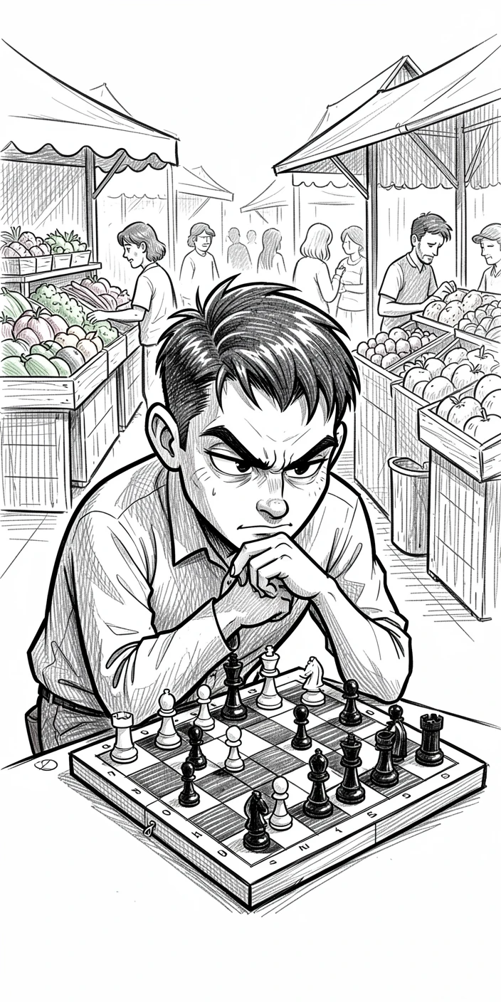 A chess player deep in thought over a board at an open-air weekend market.
