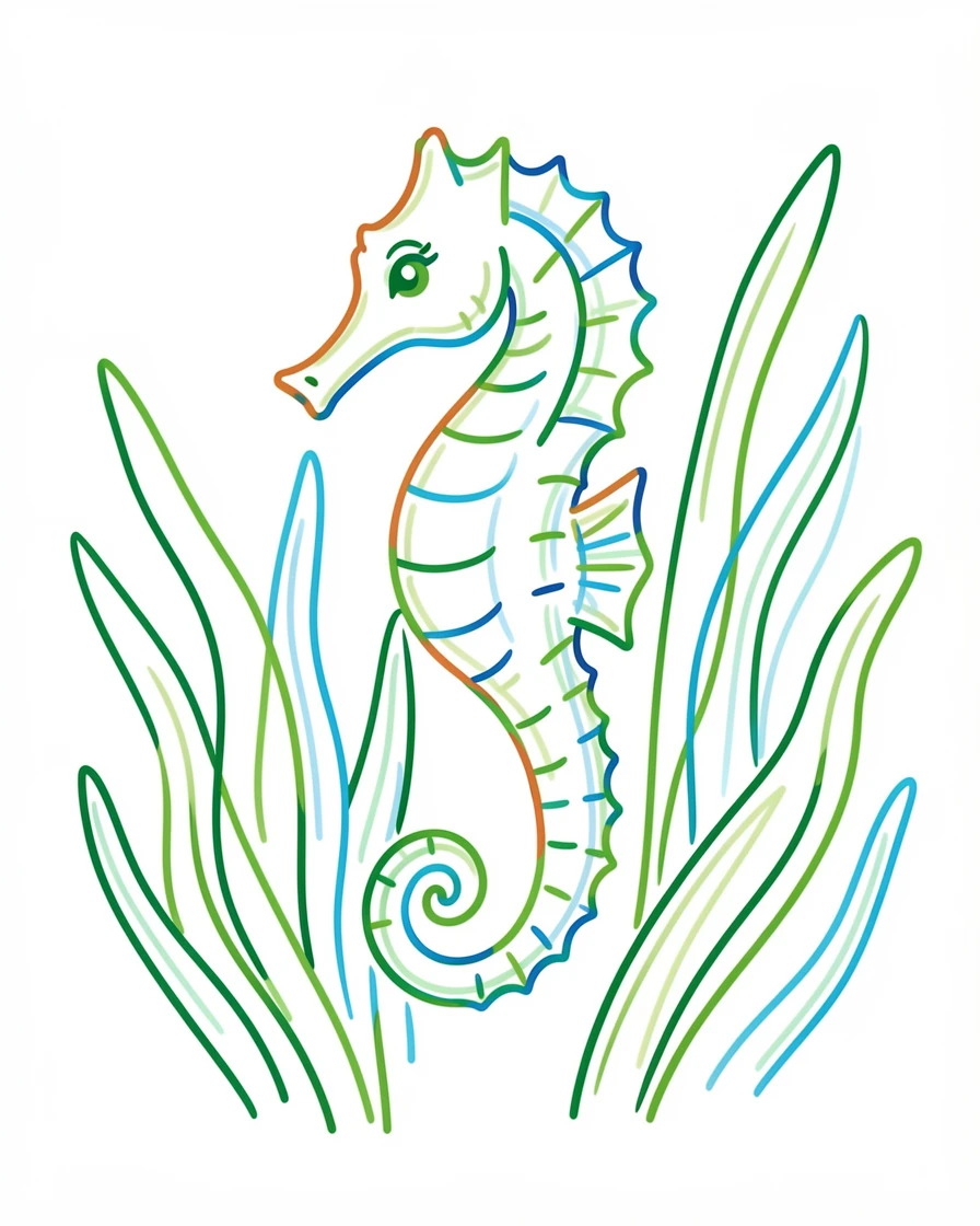A close-up of a seahorse gently swaying among strands of green seagrass.