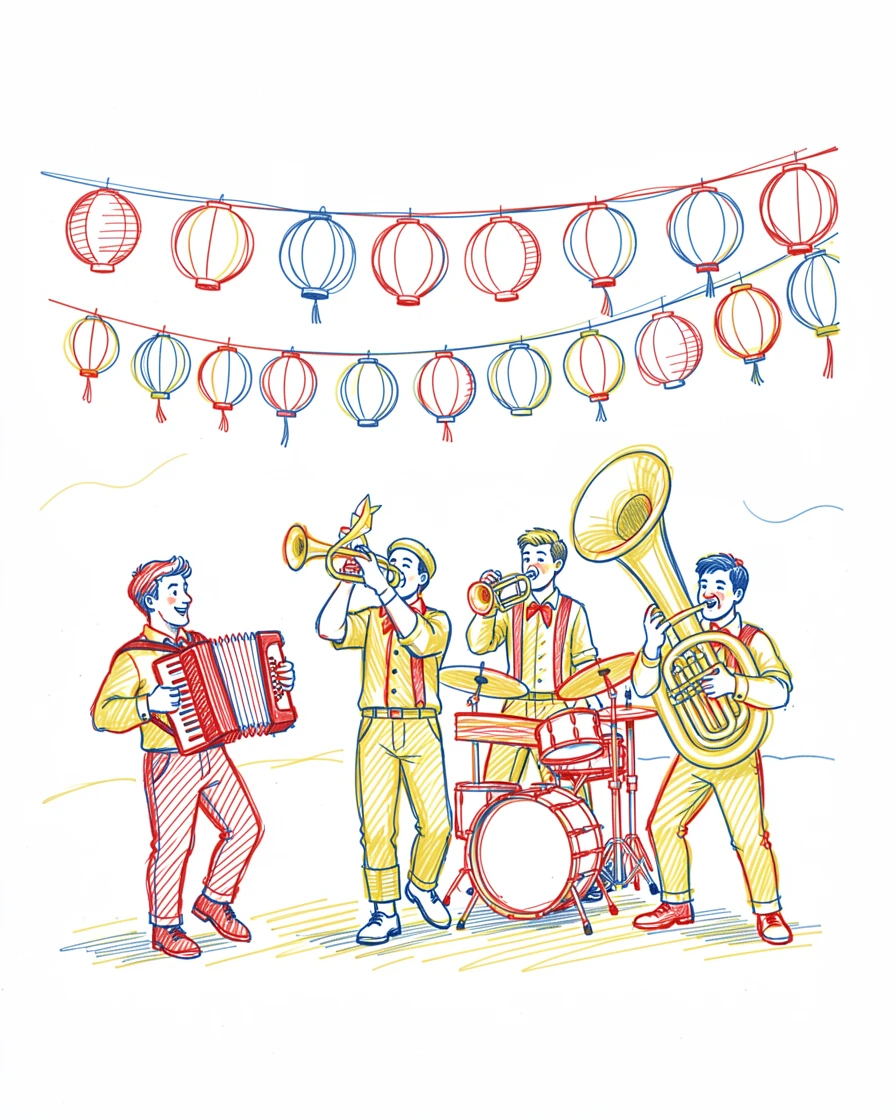 A festive Oktoberfest band playing beneath strings of paper lanterns