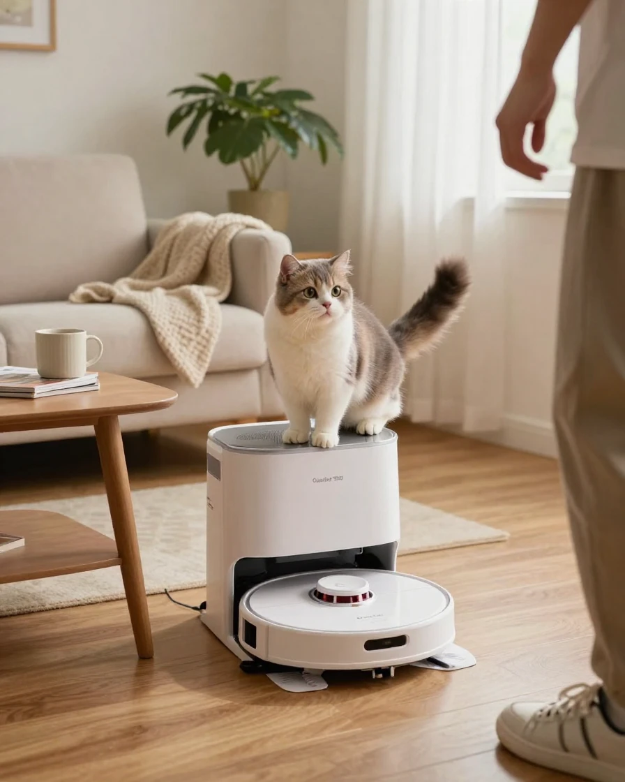 A cat perches on top of a running vacuum cleaner, riding it like a chariot.