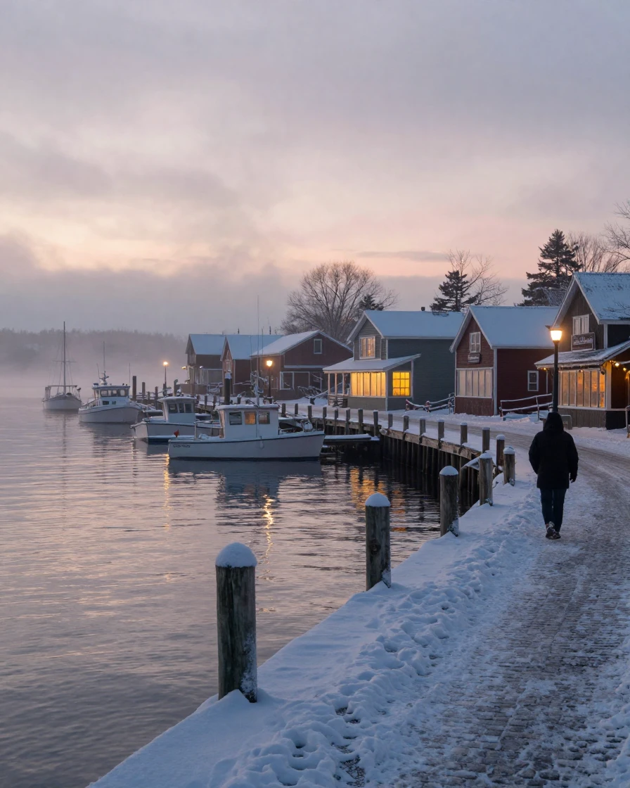 A quiet harbor blanketed in a fresh layer of snow as the town slowly wakes