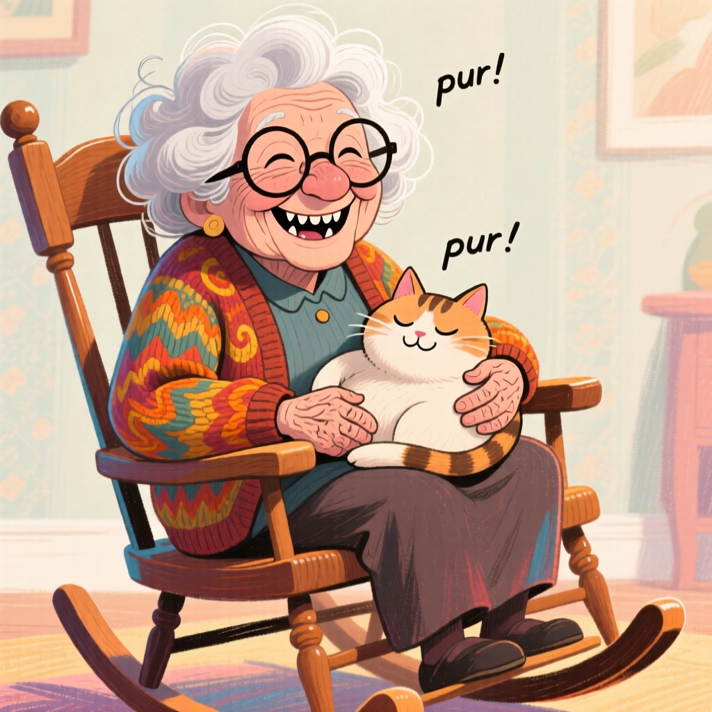 A grandmother rocking gently in her chair with a purring cat curled in her lap.