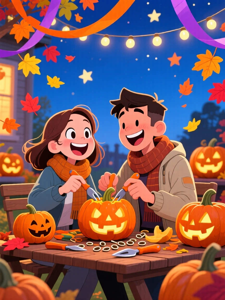 A festive celebration scene of a young couple carving pumpkins together on a crisp autumn evening, surrounded by colorful decorations and streamers.