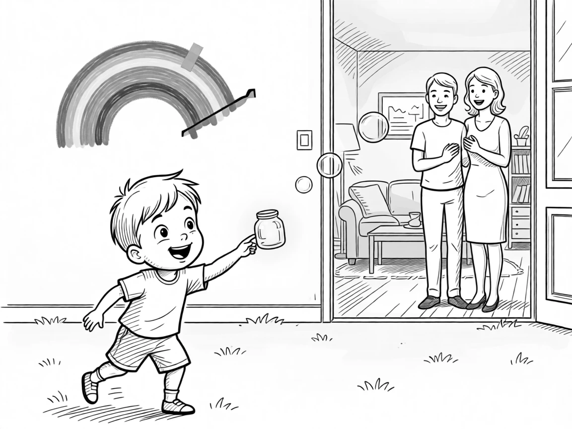 A child chasing bubbles across a sunny yard, reaching a tentative finger toward the glowing jar, set in a living room cheered on by proud parents. A crayon rainbow is taped crookedly to the wall. It's a burst of pure, unfiltered childhood joy.