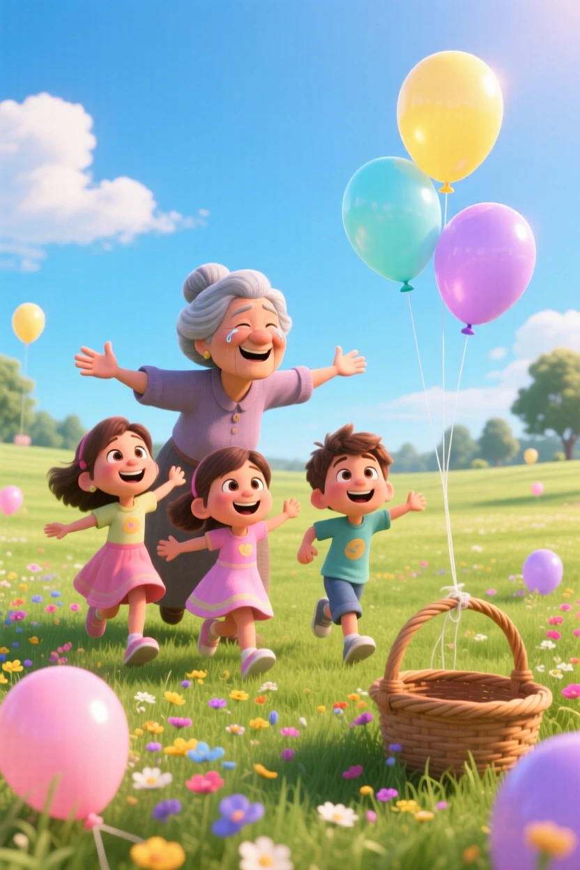 A grandmother reuniting with her grandchildren unfolds in a wide open field under a bright blue sky, with balloons floating gently upward. A heartfelt sense of happiness fills the moment.