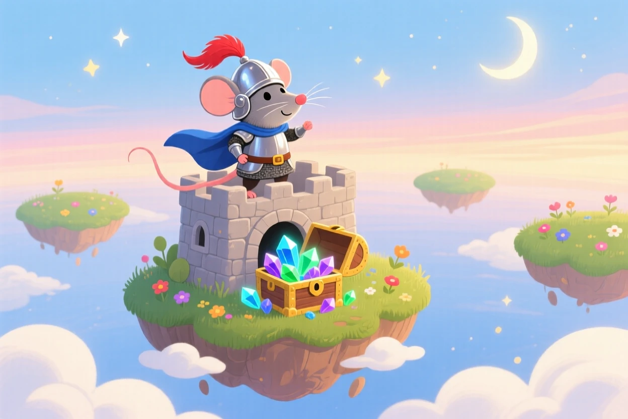A tiny castle mouse knight is guarding a treasure of glowing crystals in a sky full of drifting islands, with clouds drifting lazily below.