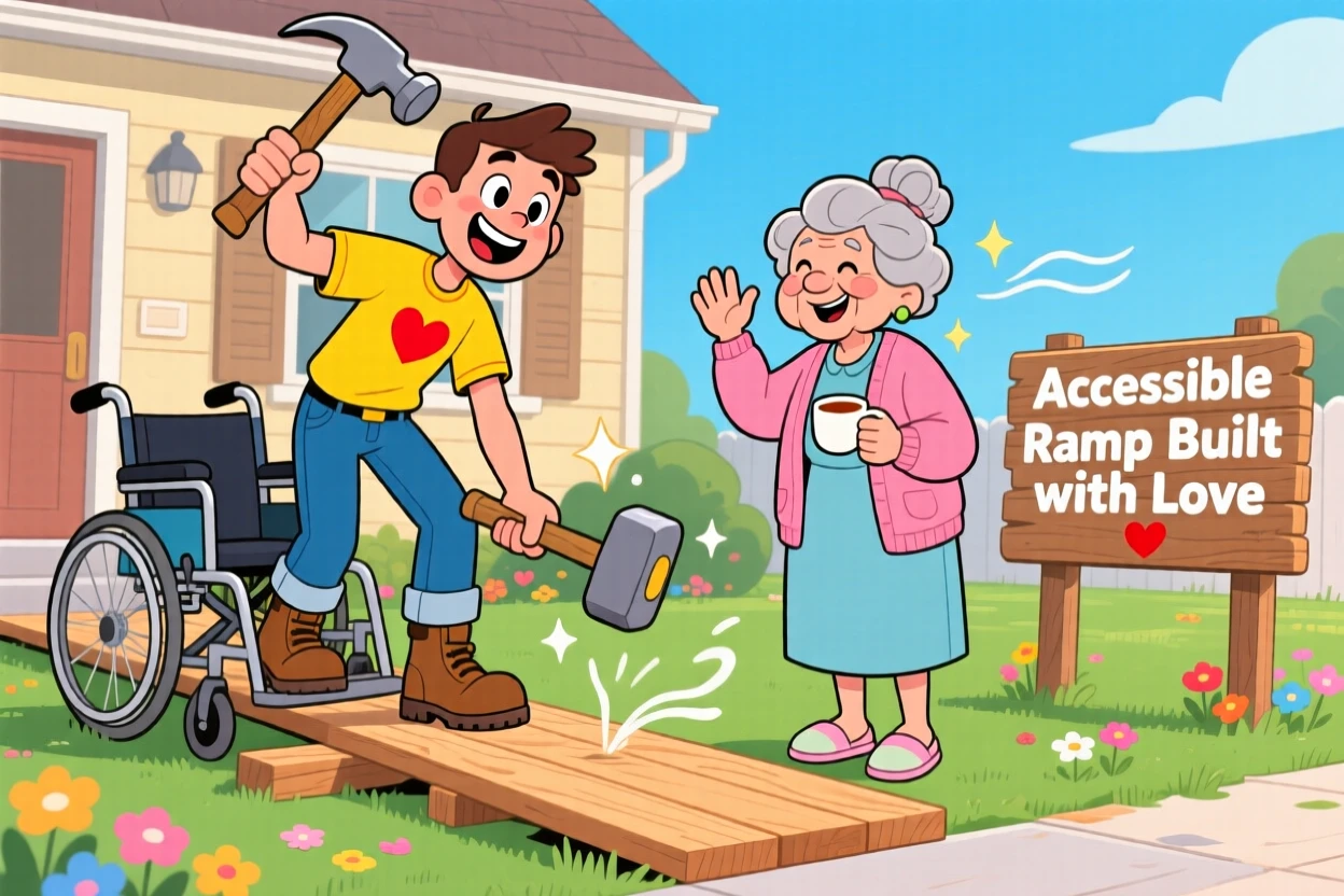 A volunteer building a wheelchair ramp for an elderly neighbor.