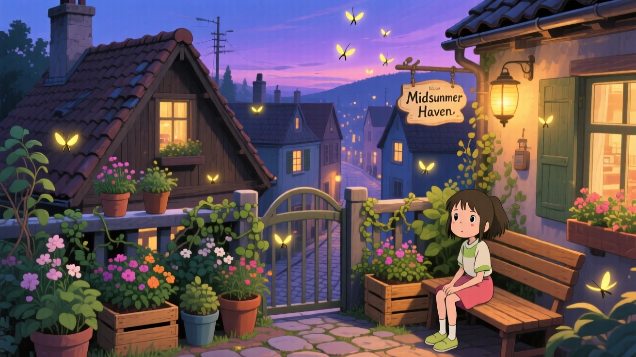 A rooftop garden overlooking a sleepy town, fireflies drifting lazily through the air, creating a scene of quiet natural magic.