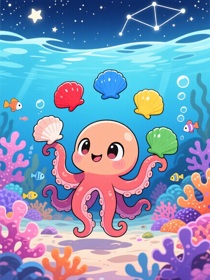Medium shot of a curious octopus, juggling colorful shells, in a coral garden seabed, under a starry midsummer night sky, illuminated by diffused overcast light, radiating quiet contentment.