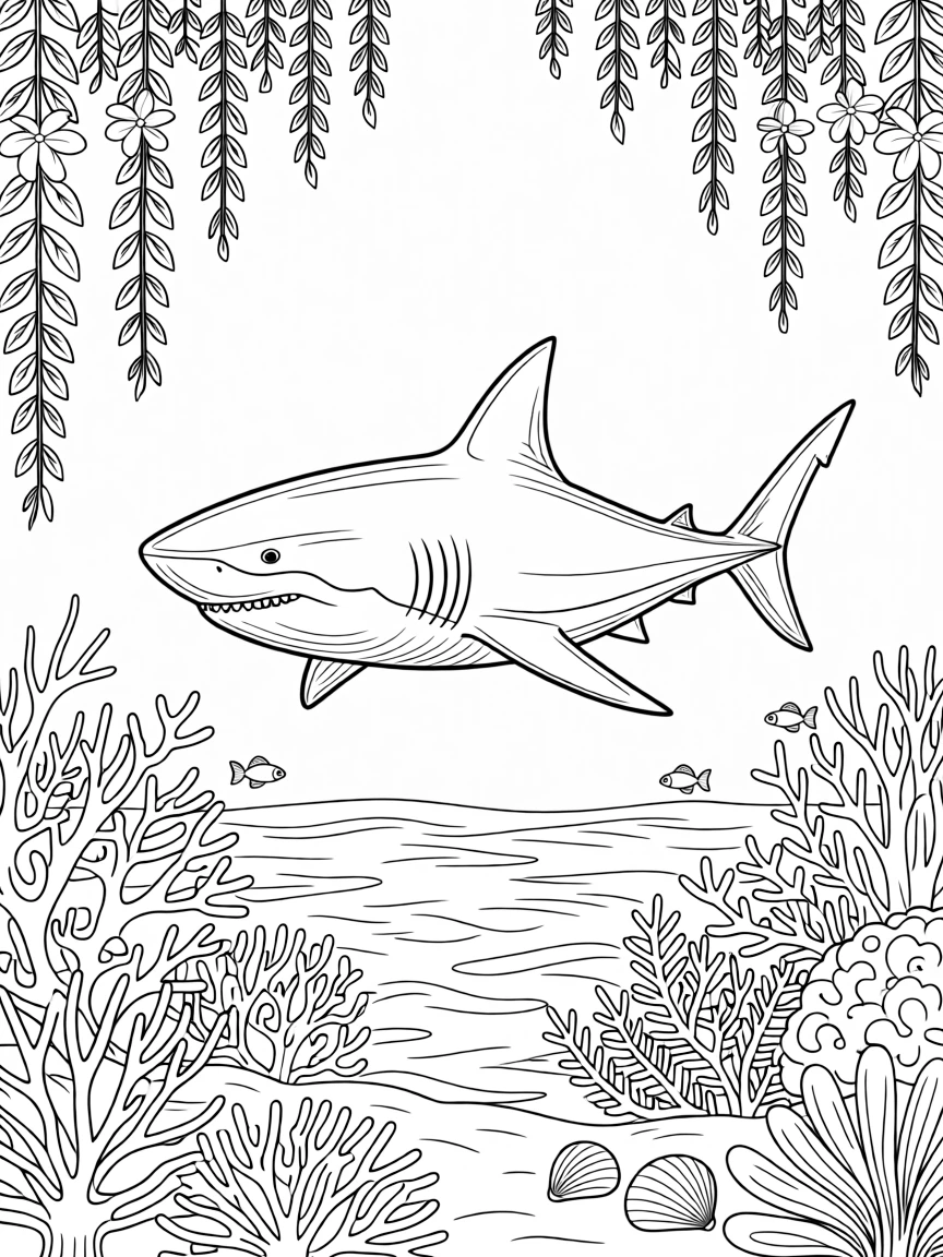 A great white shark swimming through a coral reef, framed by hanging vines and wildflowers.