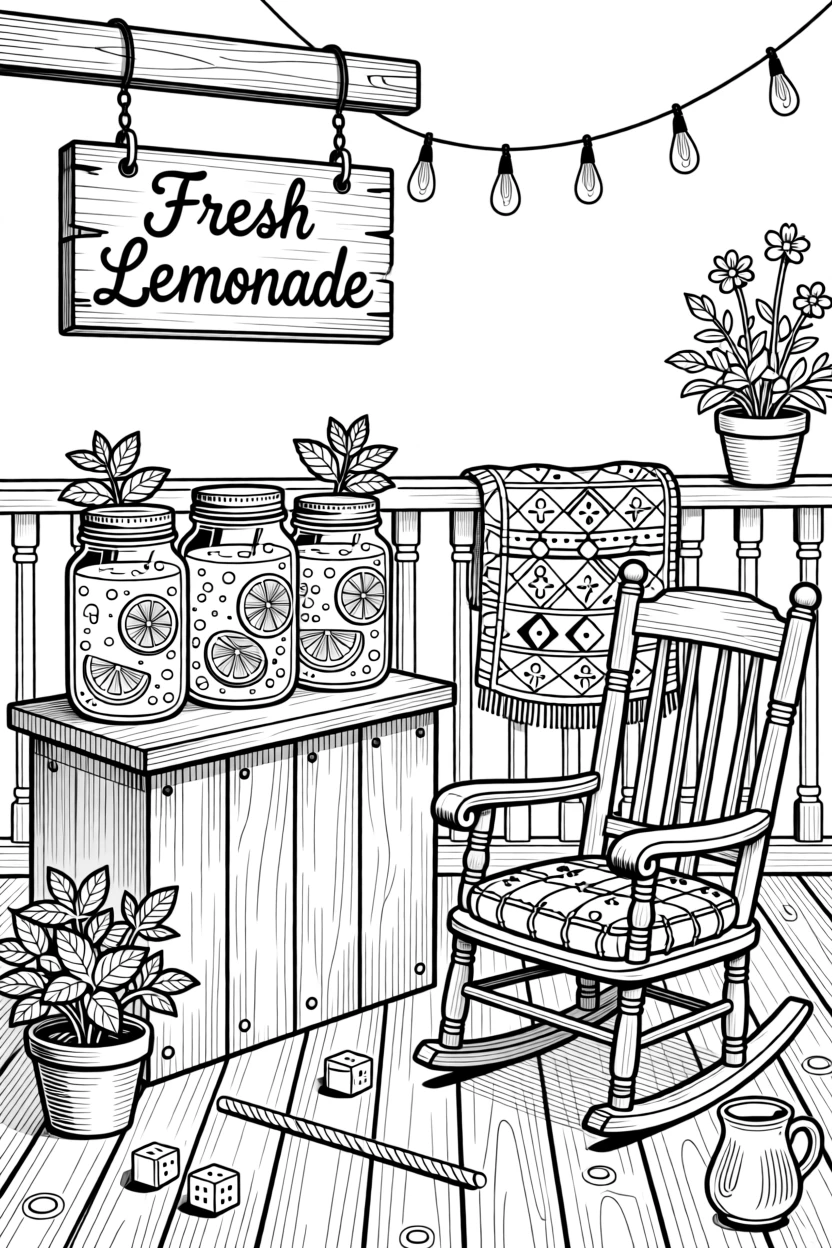 A cozy porch lemonade stand scene with mason jars and fresh mint.