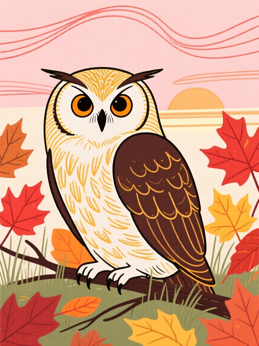 A wise old owl resting among autumn leaves at sunrise.