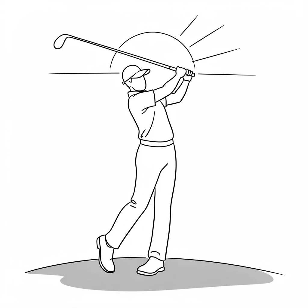 A golfer mid-swing on a lush green fairway at sunrise