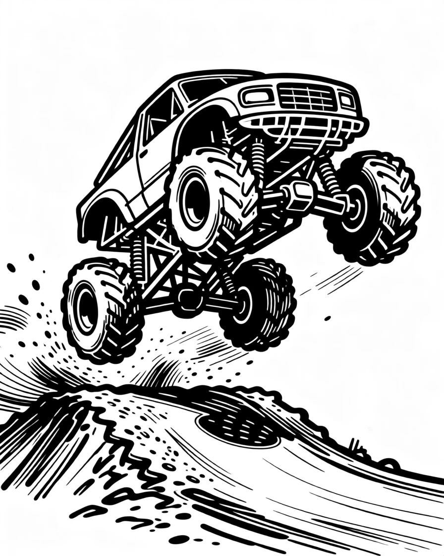 A rugged monster truck launching over a dirt jump at a rally.