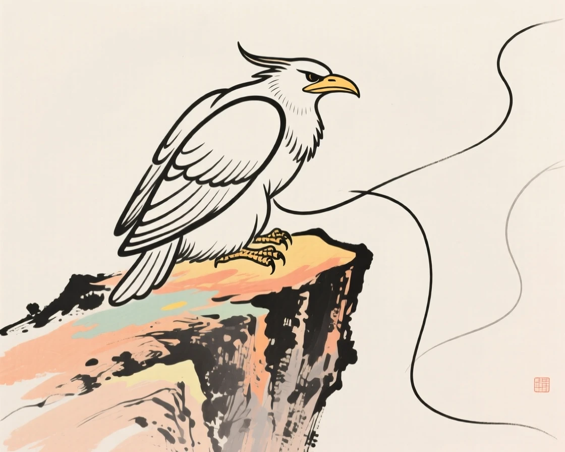 A Japanese tengu perched on a mountain cliff with folded wings.