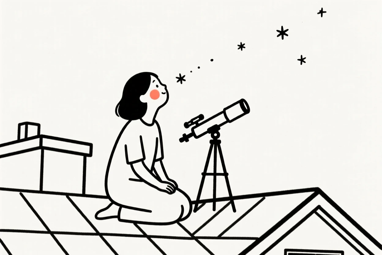 A mother stargazing from a rooftop.