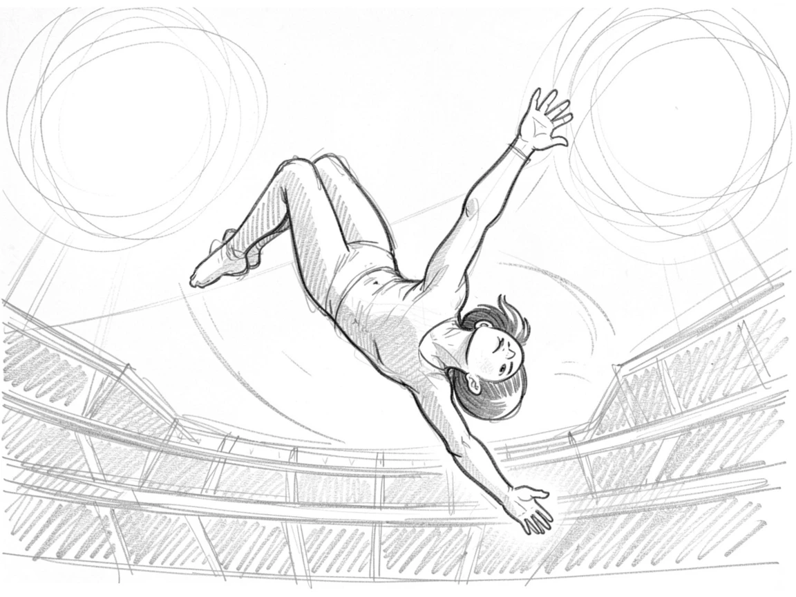 An energetic scene of a gymnast frozen mid-flip in the air under bright stadium lights, with total calm and concentration.