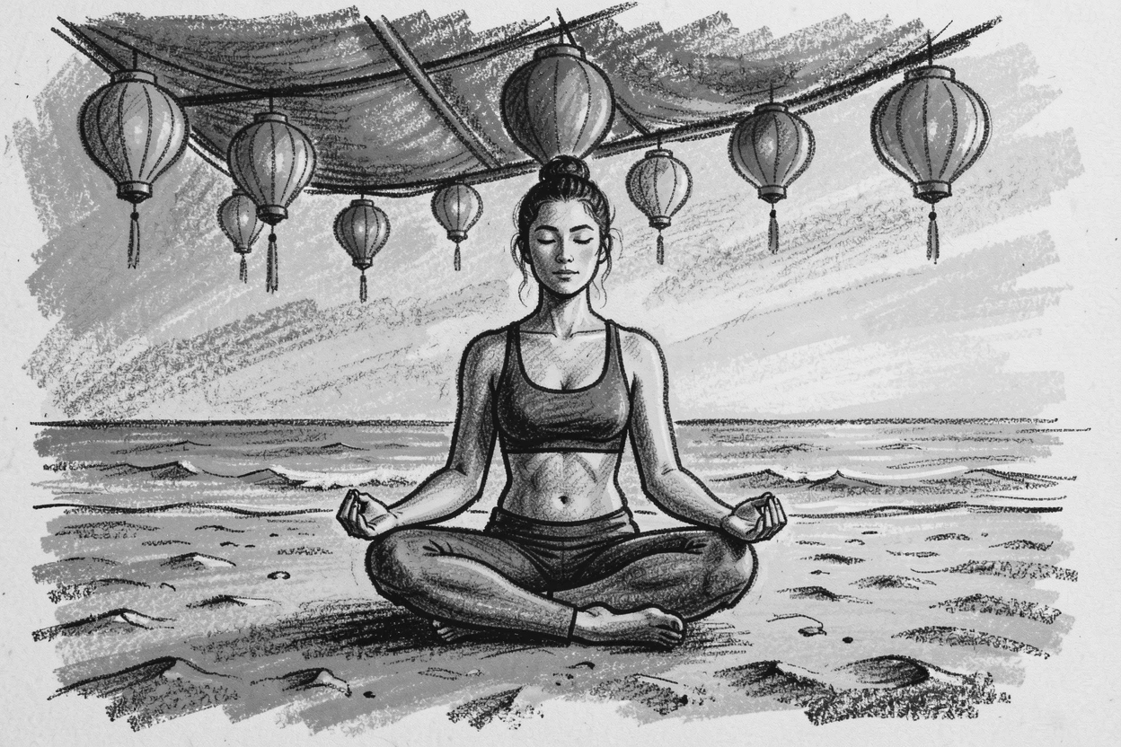A yoga practitioner in a peaceful pose at sunrise on a beach, under a canopy of colorful lanterns.
