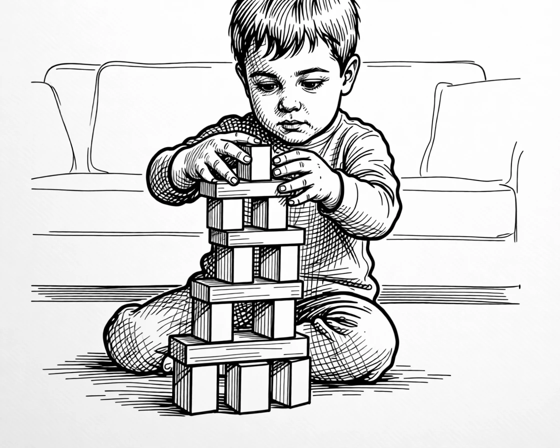 A child building a tower of wooden blocks on the living room floor.