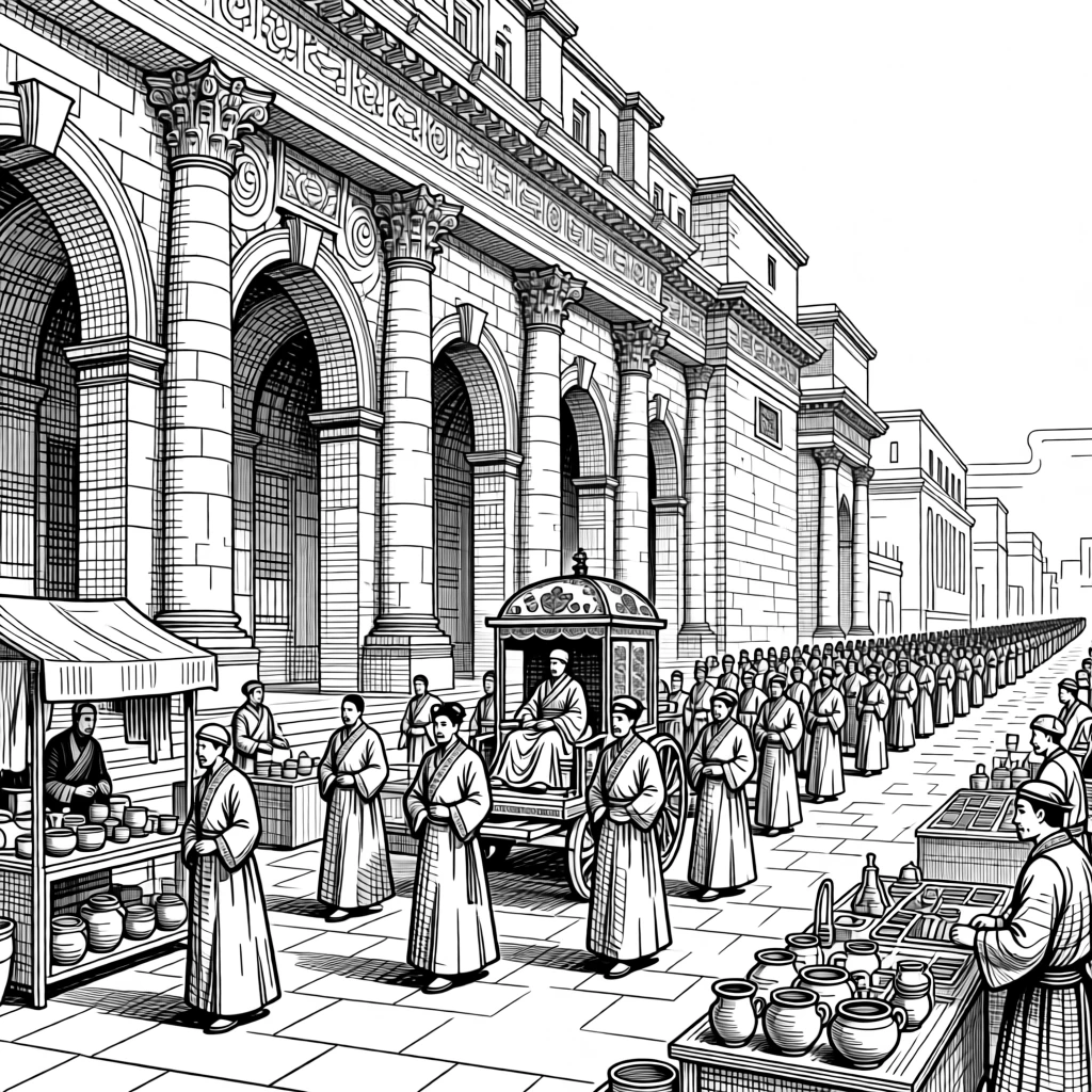 A royal procession through a grand city square surrounded by ancient stone architecture, with goods and wares displayed with pride, portrayed in a vibrant with cultural pride historical scene.