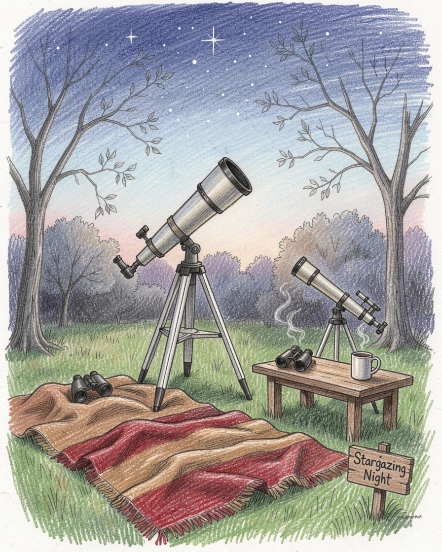 A quiet backyard stargazing setup with telescopes and blankets, with rich, inviting textures throughout the scene, full of charm, emotion, and visual delight.