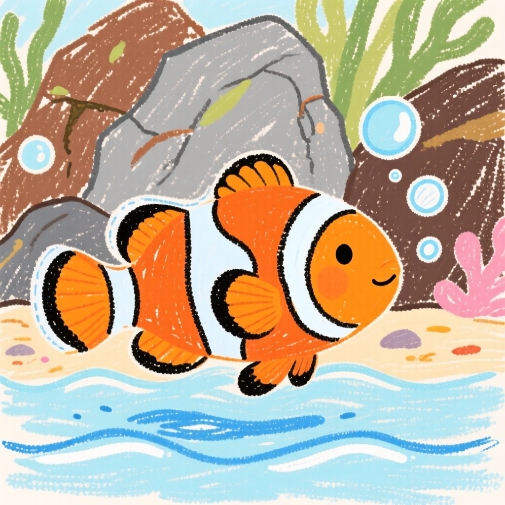 A colorful clownfish swaying with the current near a rocky reef.