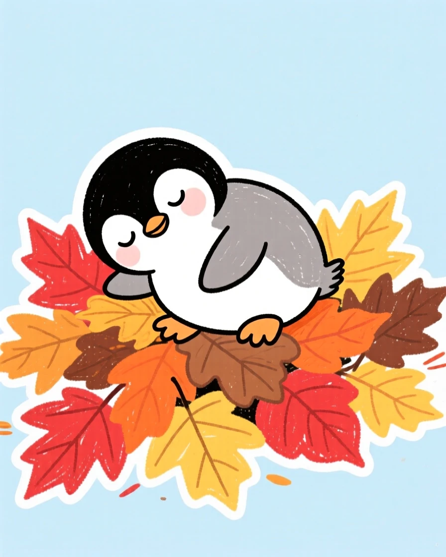 A tiny penguin chick curled up on a pile of autumn leaves.
