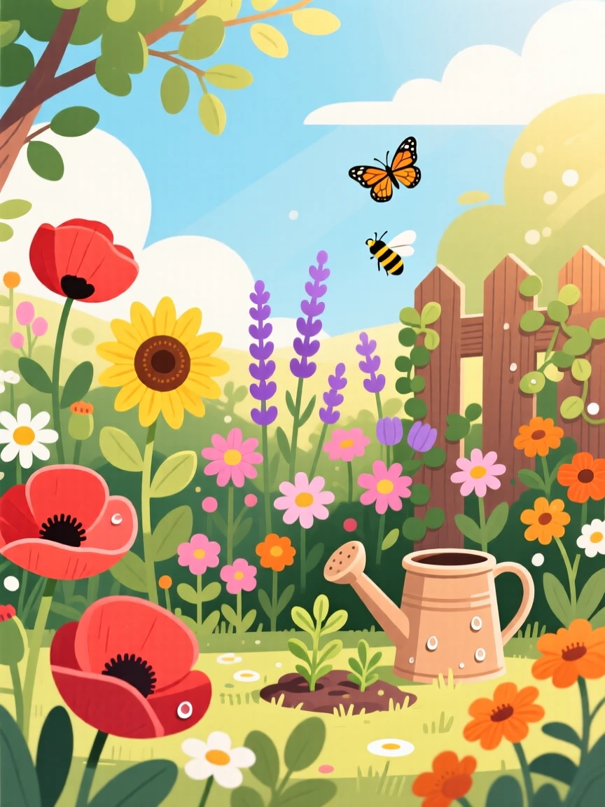A summer garden bursting with colorful blooming flowers, surrounded by warm or cool seasonal tones, composed with a calm, seasonal simplicity, with charming small details that evoke the season perfectly.