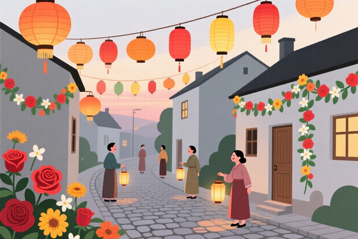 A lantern celebration with garlands of flowers filling a village street.