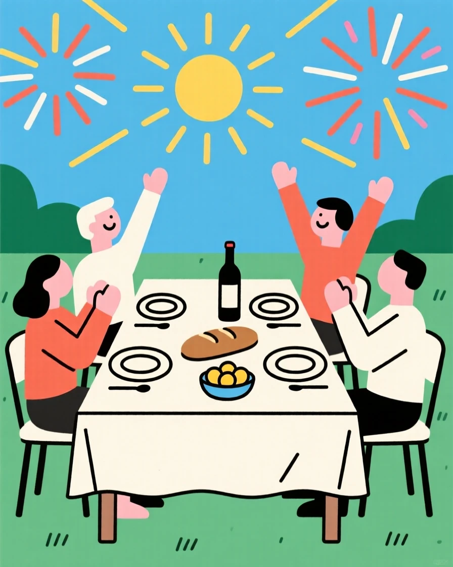 A joyful holiday feast taking place in a sunny garden, decorated with bursts of fireworks, full of triumphant joy.