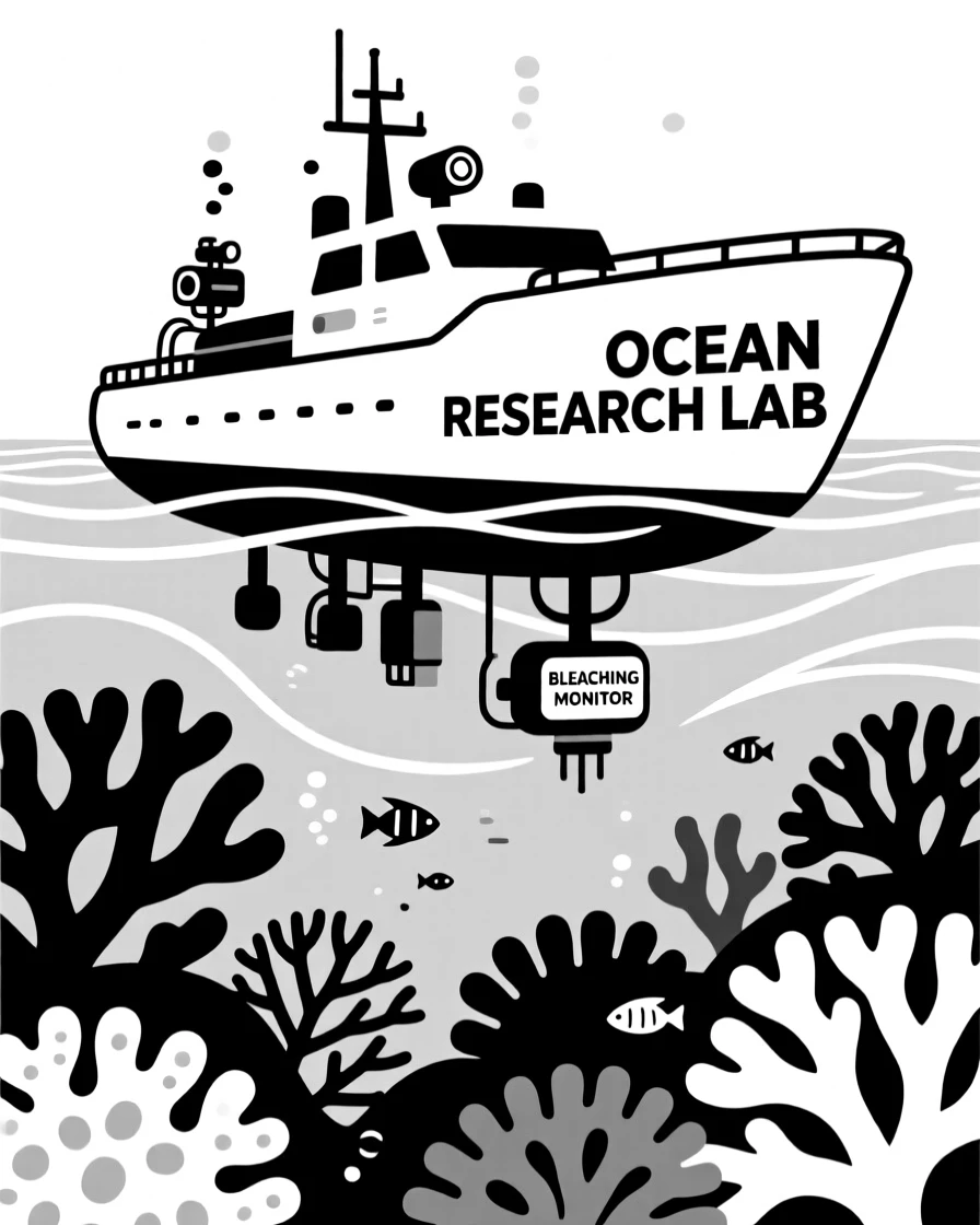A research vessel studying coral bleaching underwater.