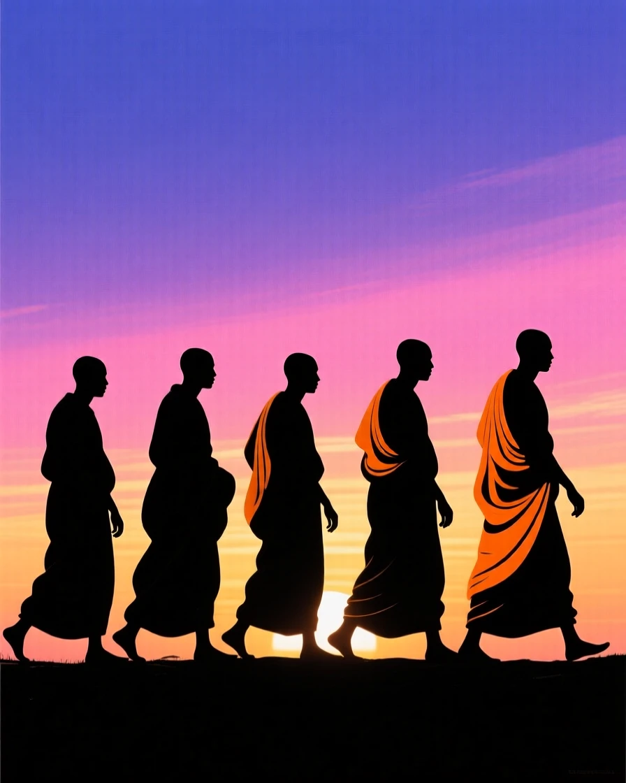 A group of monks in saffron robes walking single file at dawn.