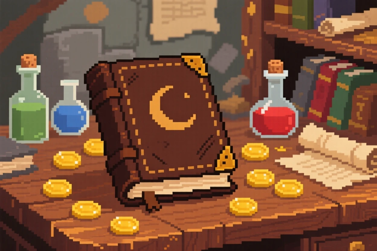 A spellbook bound in worn leather surrounded by scattered gold coins, inside a wizard's cluttered study.