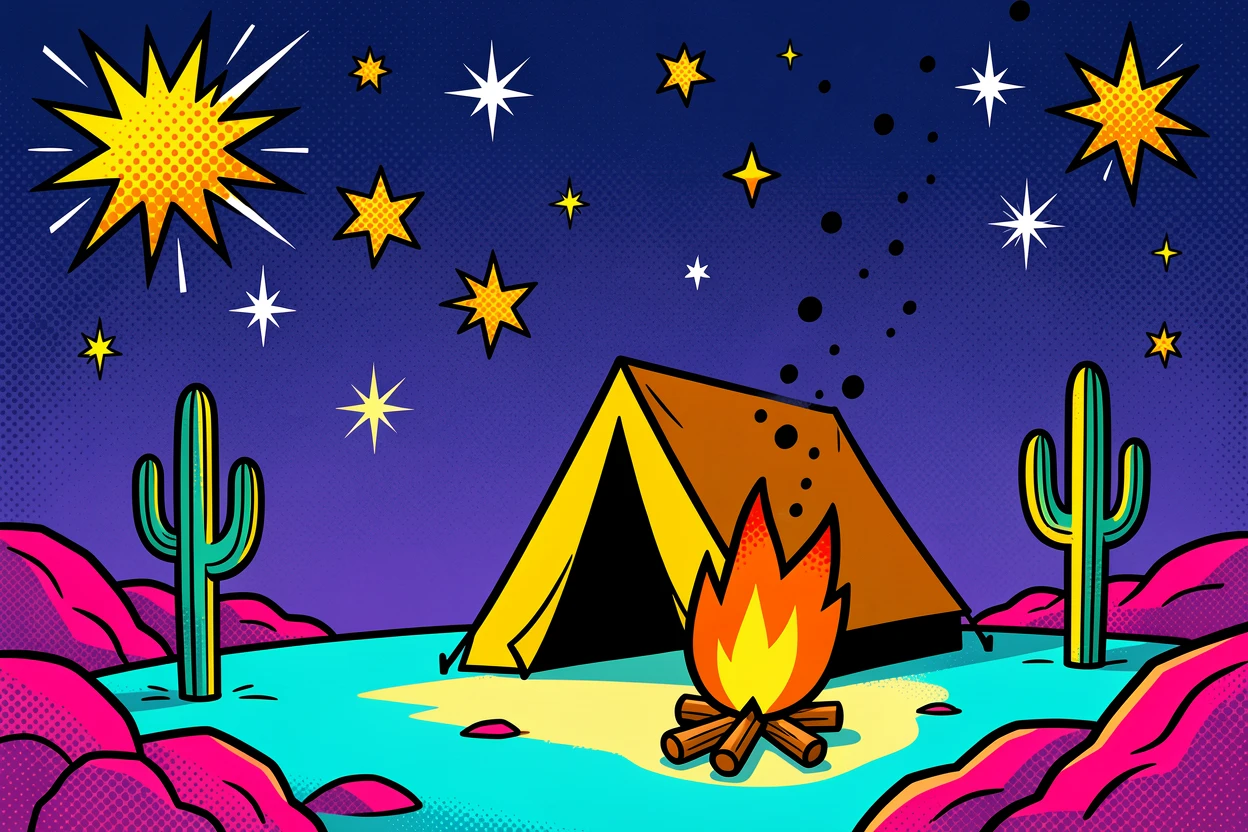 A starry night sky over a quiet desert campsite