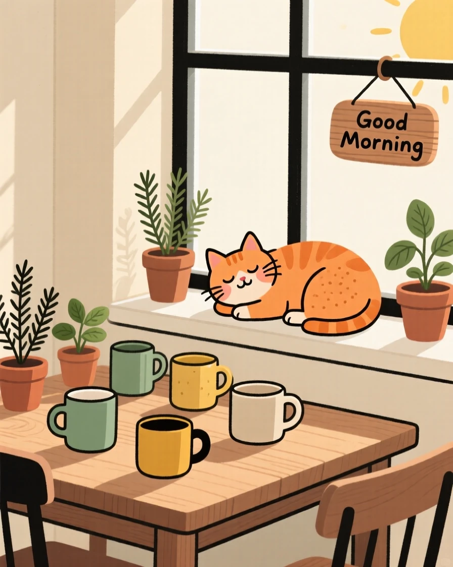 Morning light spills across a sunlit breakfast nook filled with potted herbs and mismatched mugs, where a orange cat naps peacefully on the windowsill.