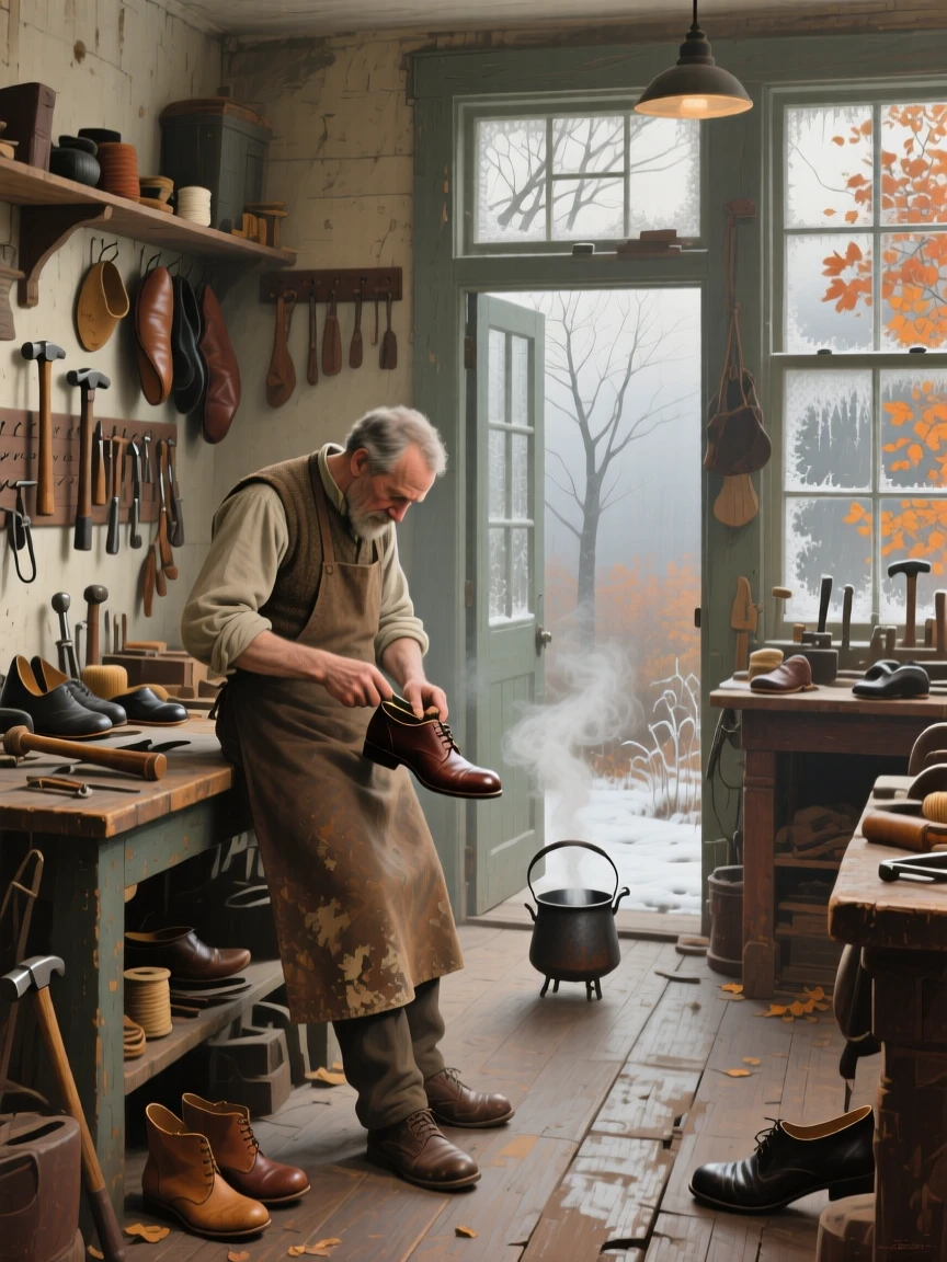 A sweeping wide shot of a cobbler repairing shoes in a cluttered workshop lined with tools, in the 1920s, during the first frost of autumn.
