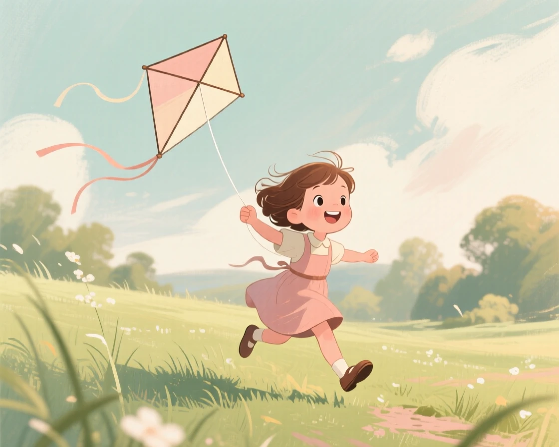 A child flying a kite in a breezy spring meadow