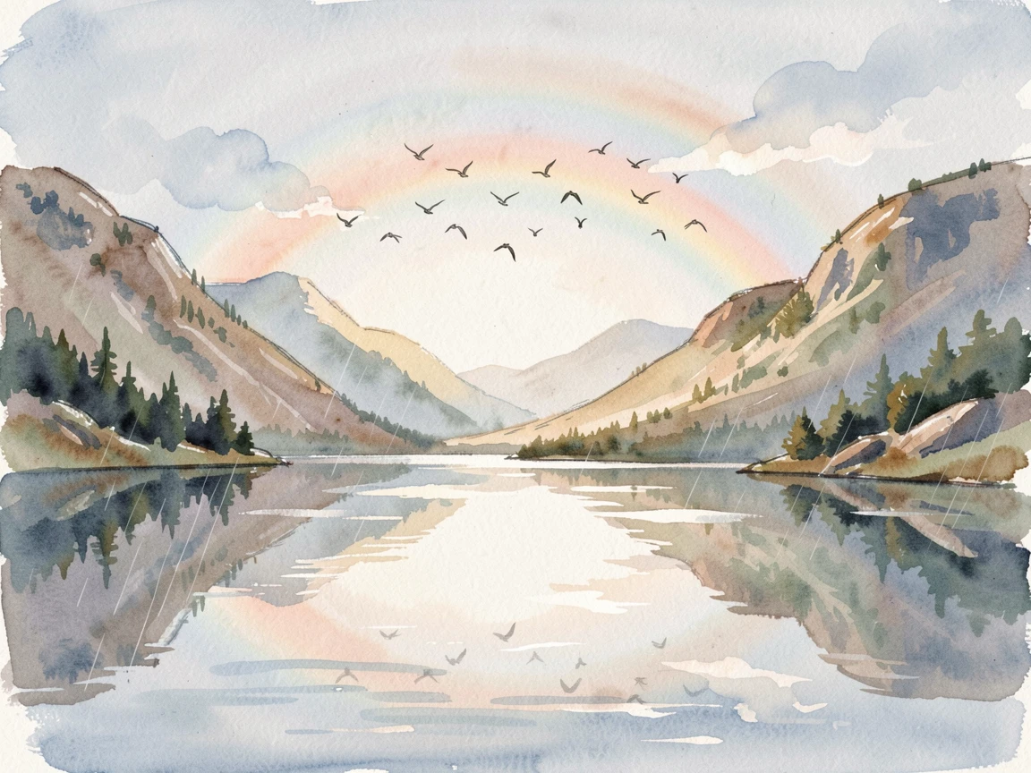 A quiet mountain lake beneath a rainbow after rain with a flock of birds crossing the sky.