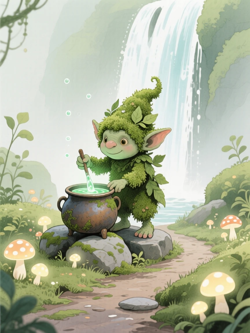 A tiny moss troll stirs a bubbling potion in a tiny cauldron in a secret garden behind a waterfall, with glowing mushrooms lighting the path